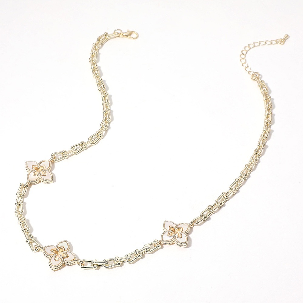 14K Gold Plated Mother of Pearl Clover Station Necklace